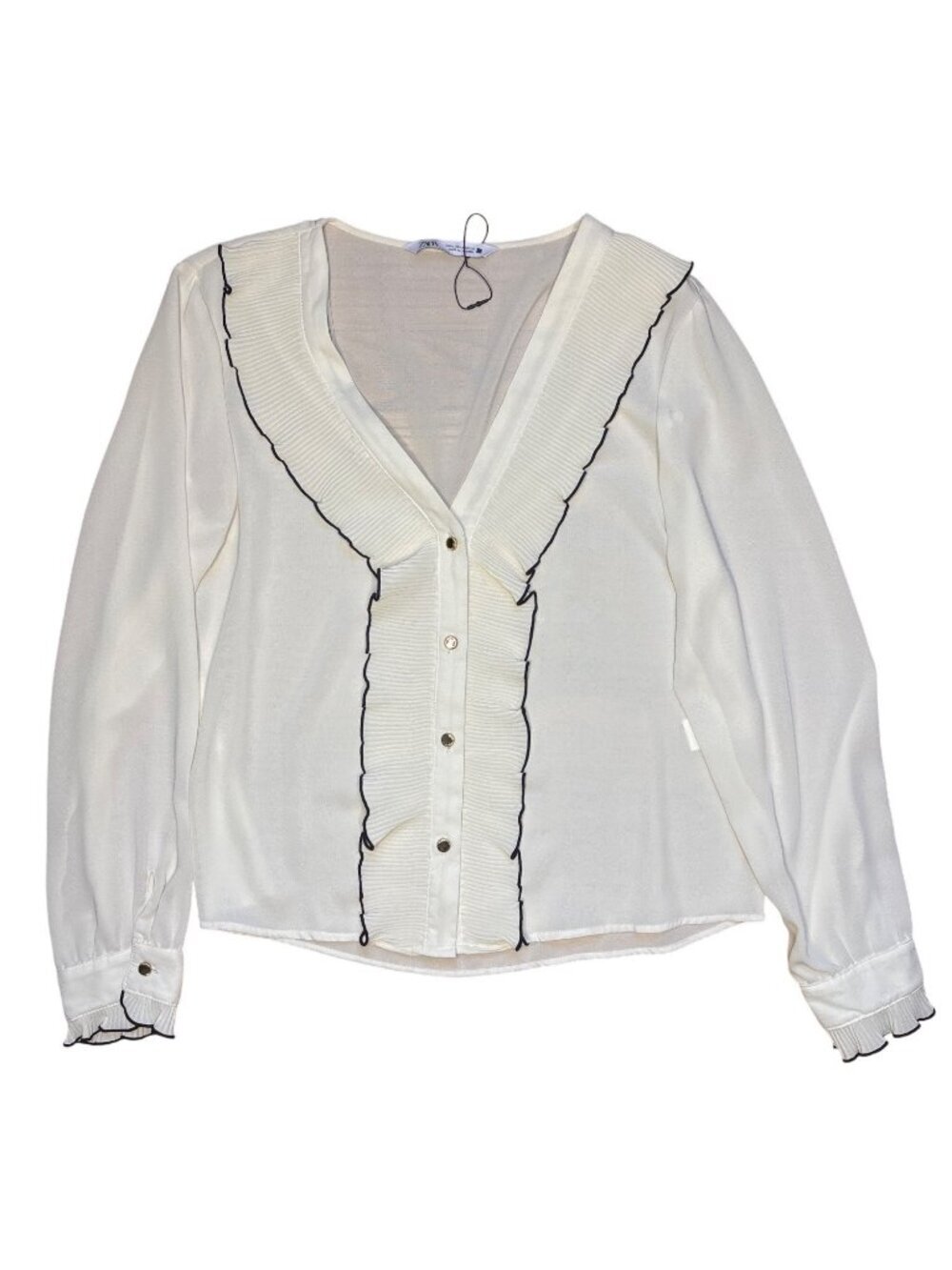 Zara Woman Ivory Button-Down Blouse With Black Trim Ruffle Detail Long Sleeves S